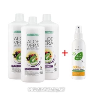 Гел за пиене Aloe Vera ACAI PRO SUMMER за Защита от Слънцето и от Дехидратация, Троен Комплект + Слънцезащитно спрей-мляко SPF 30